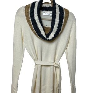 Allison Brittney Woman’s Size Small Cream Color Cowl Neck Long Sweater Tie Waist
